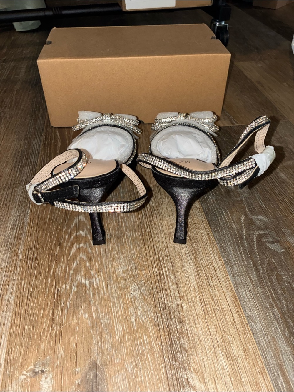 Amazon Black Pointed Toe Ankle-Strap Heels with Crystal Bow Detail - Picture 3 of 4